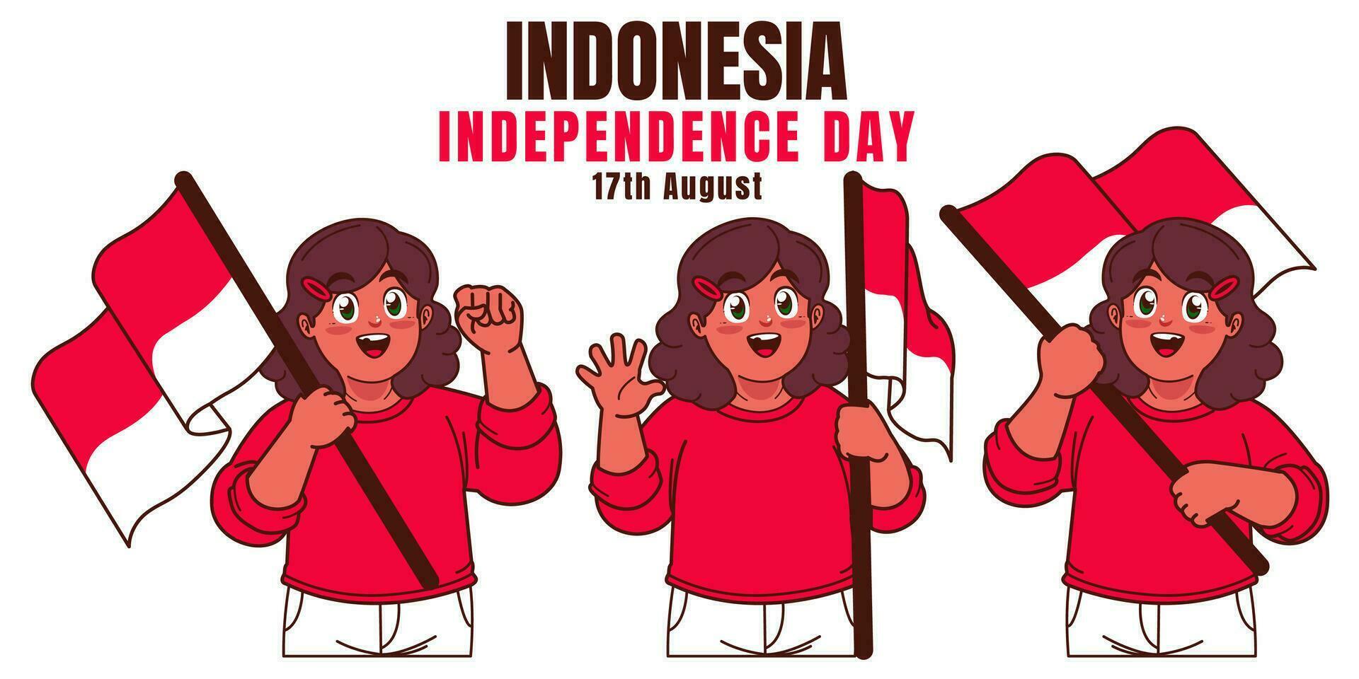 Little girls carrying Indonesian flag, celebrating Indonesian independence day vector