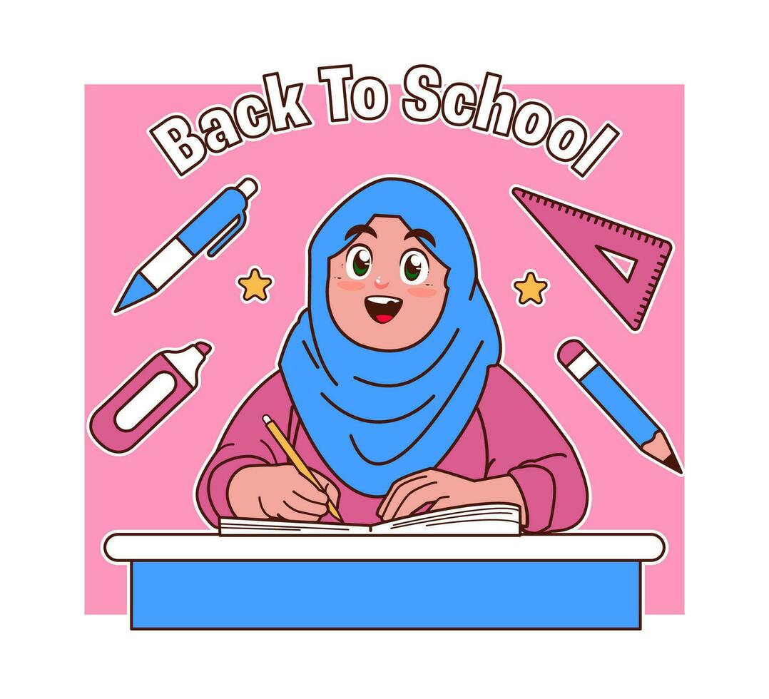 Hijab kid are sitting studying at school, back to school vector