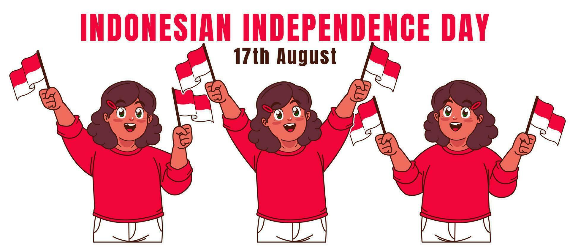 Little girl waving Indonesian flag, Indonesia independence day celebration vector
