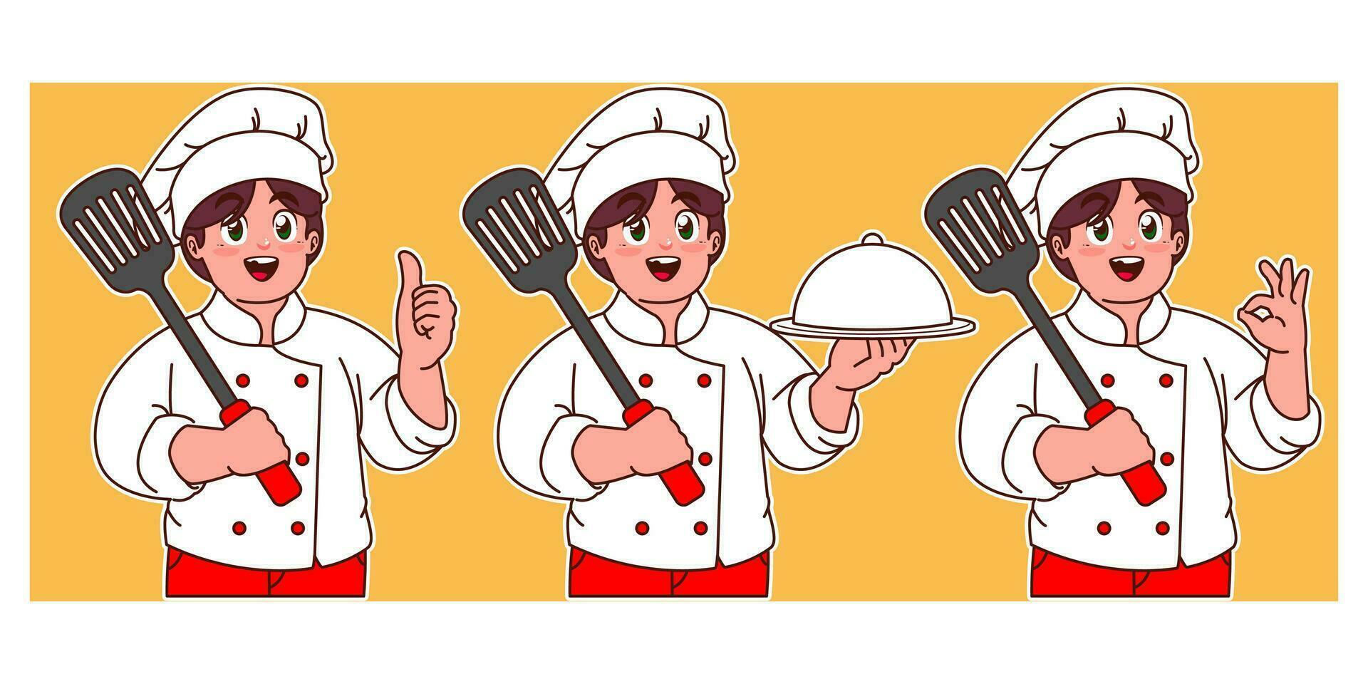 little chef holding spatula and delicious dish vector