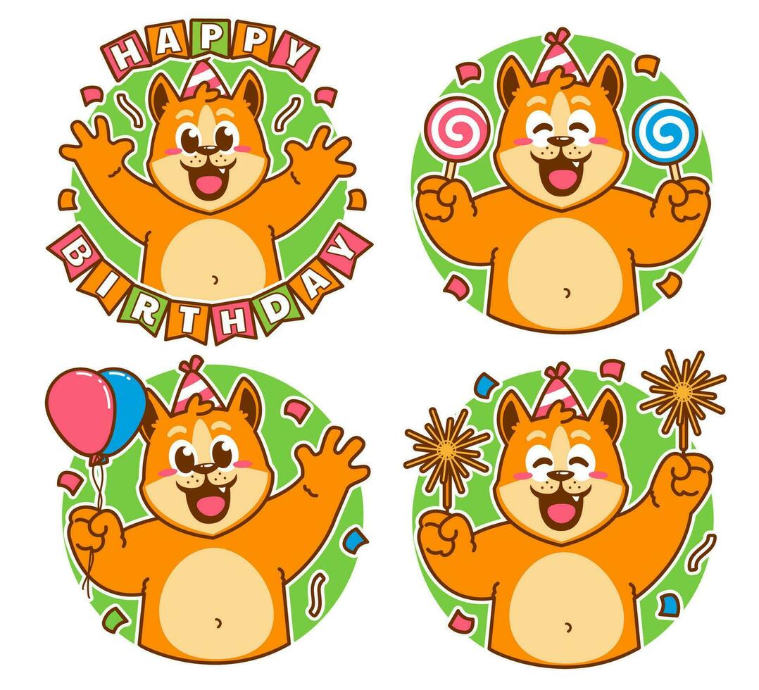 cumpleaños shiba inu pegatinas vector