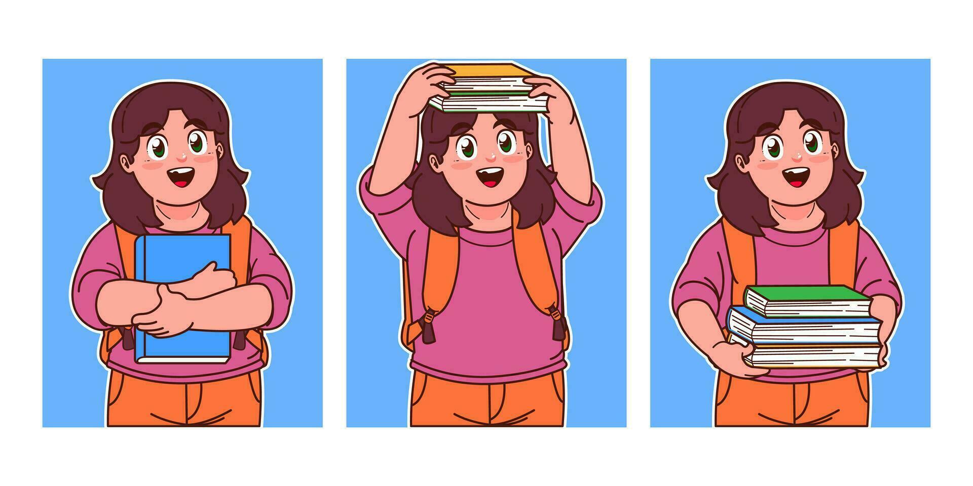little girls carrying a book and wearing a backpack vector