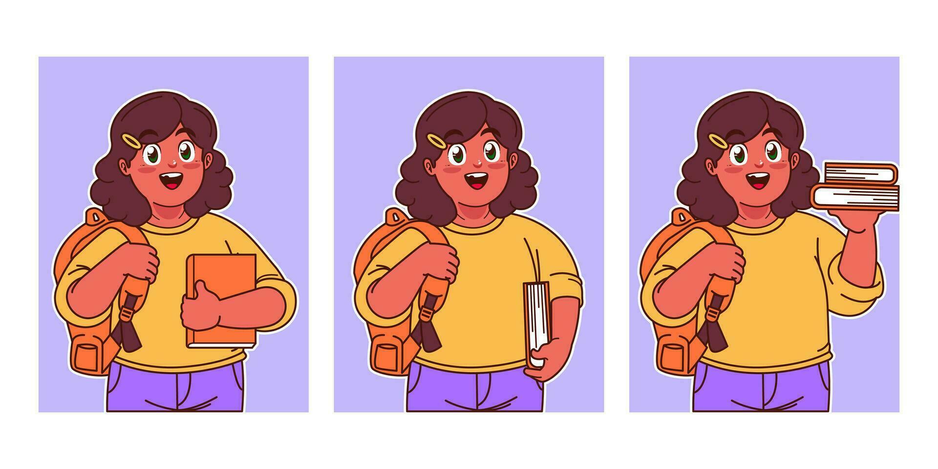 Little girl wearing a backpack and carrying a book vector