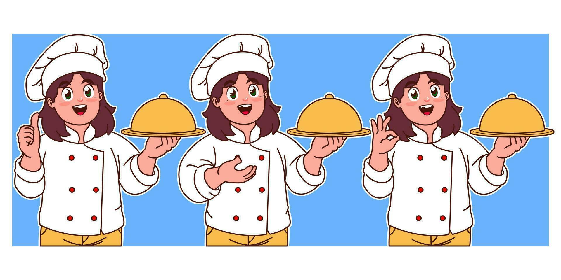 Little chef serves delicious dishes vector