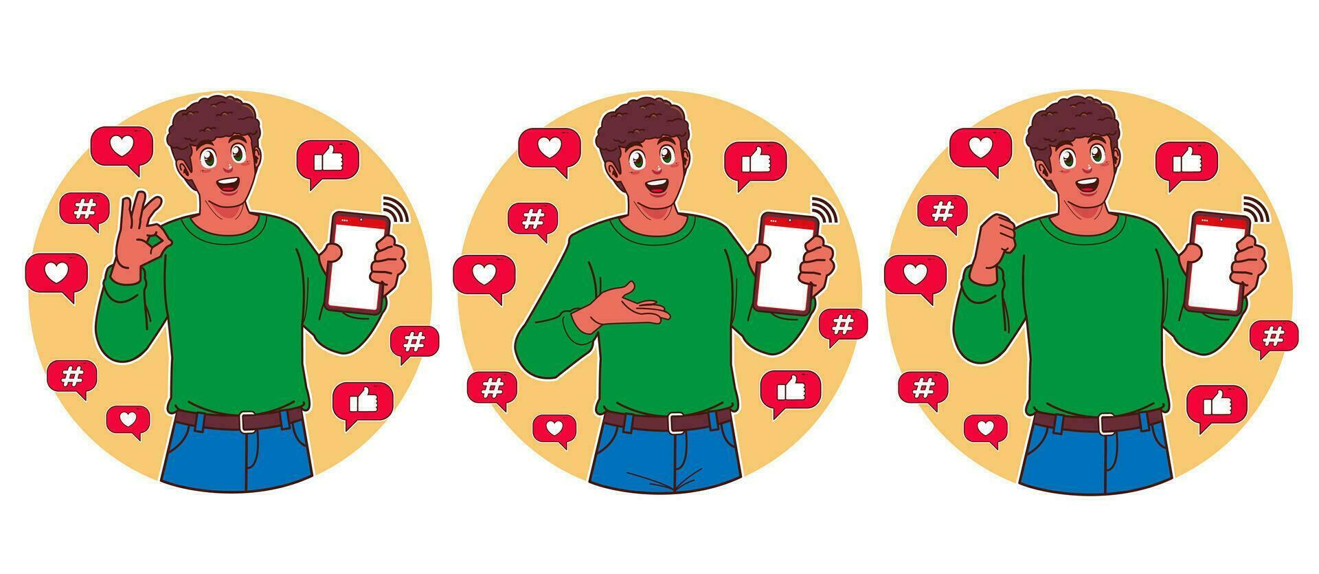 a man holding a smartphone and using social media vector