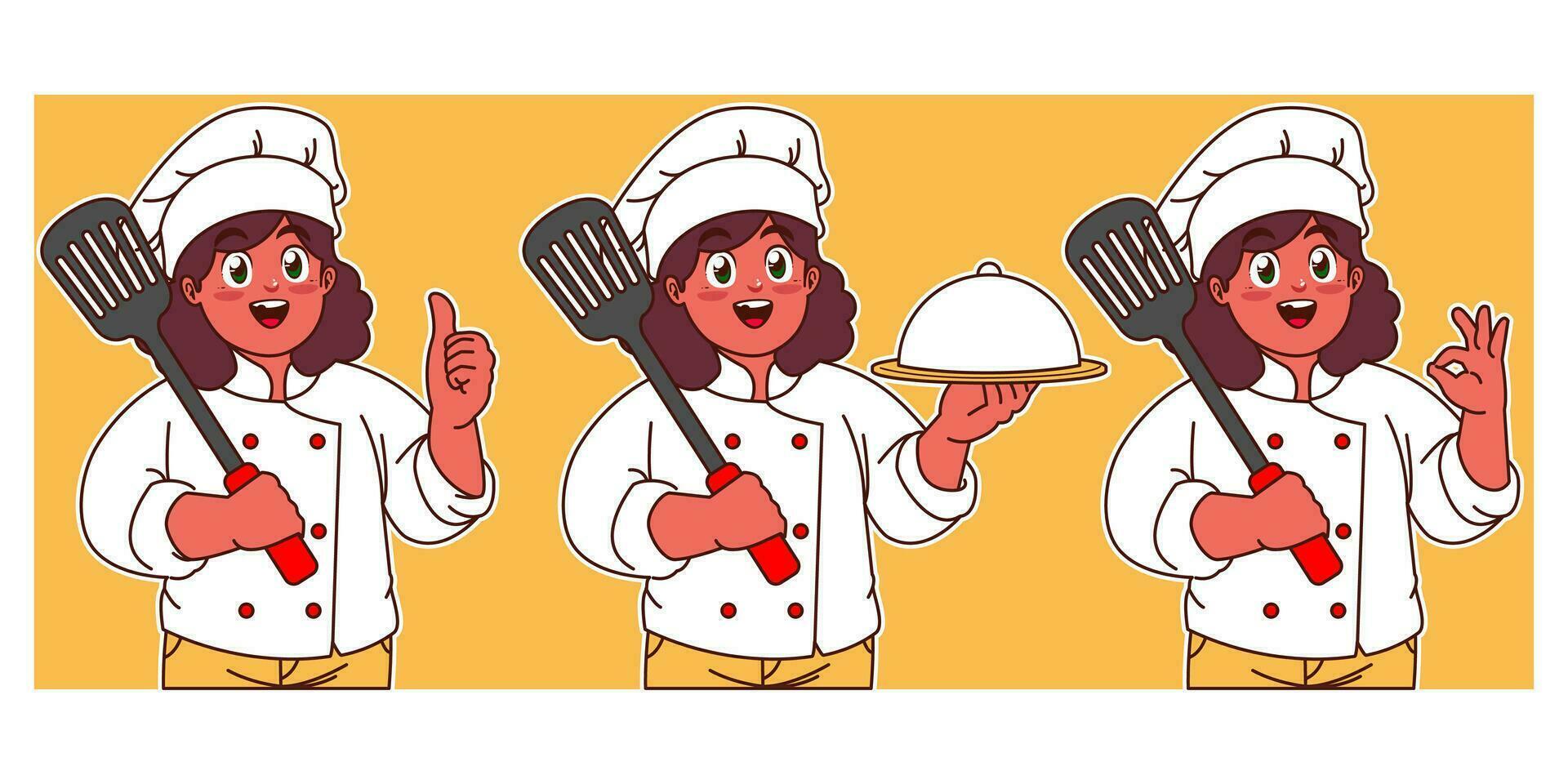 little chef holding spatula and delicious dish vector