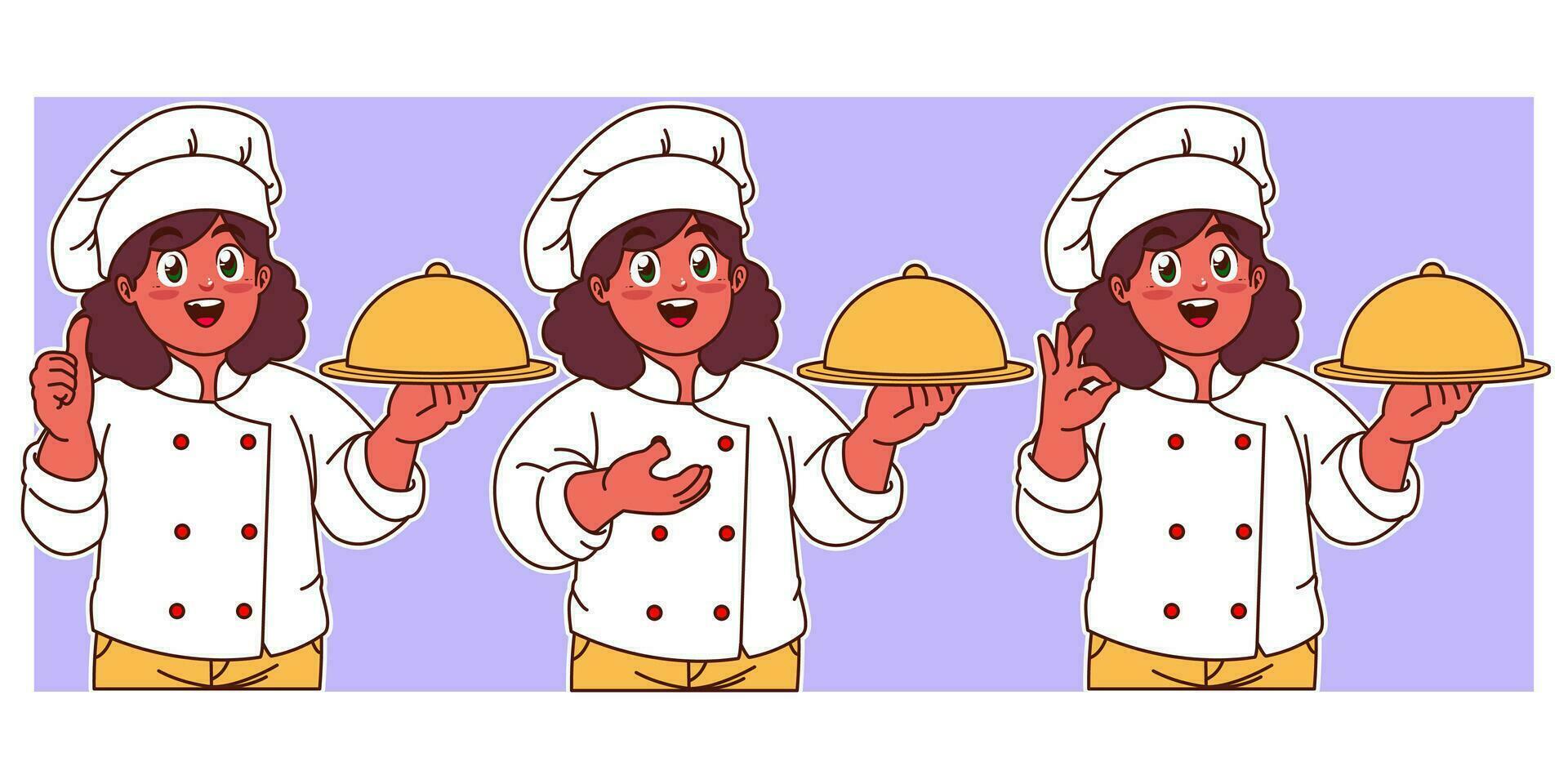 Little chef serves delicious dishes vector