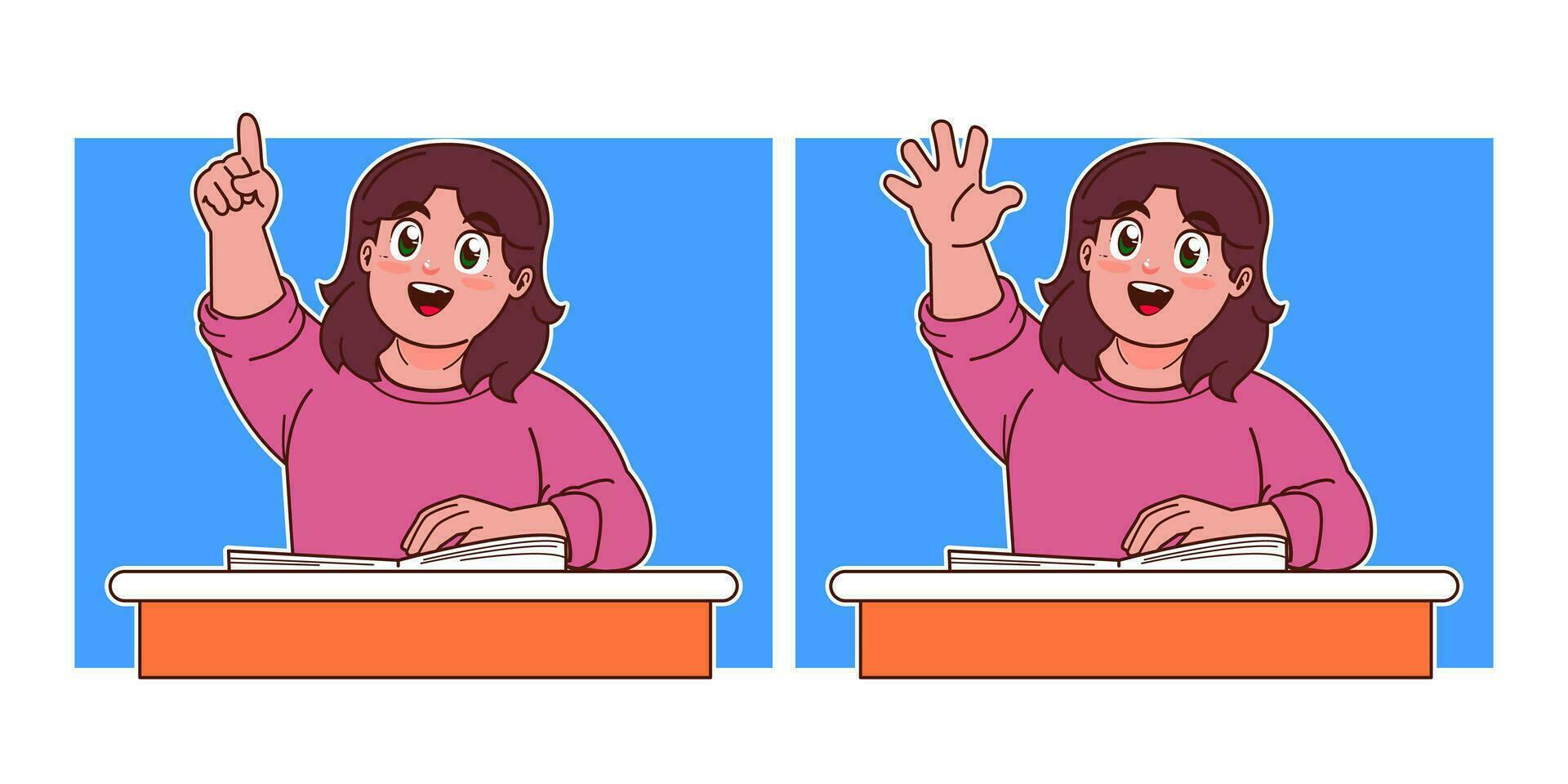 Little girl studying in class and raising hand vector