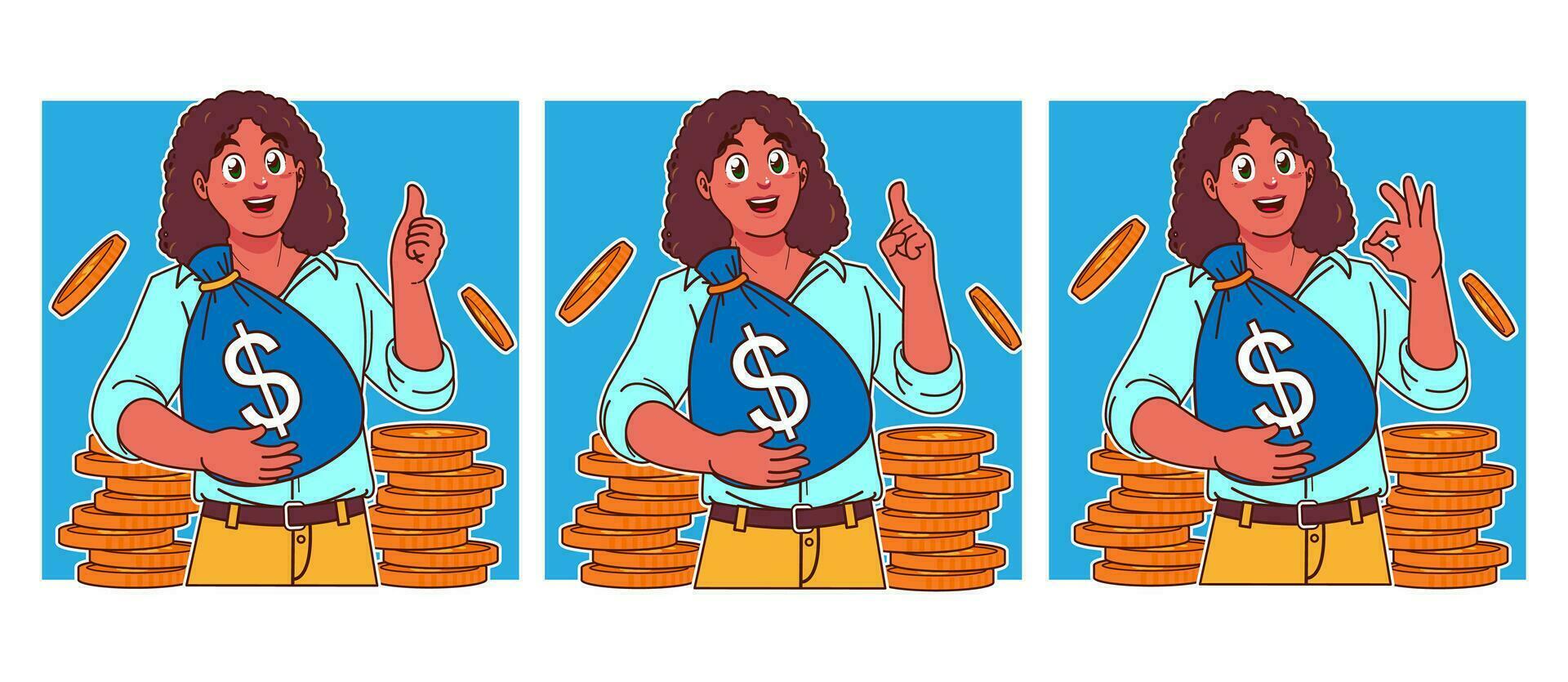 Black woman carrying sack of money and stack of coins vector