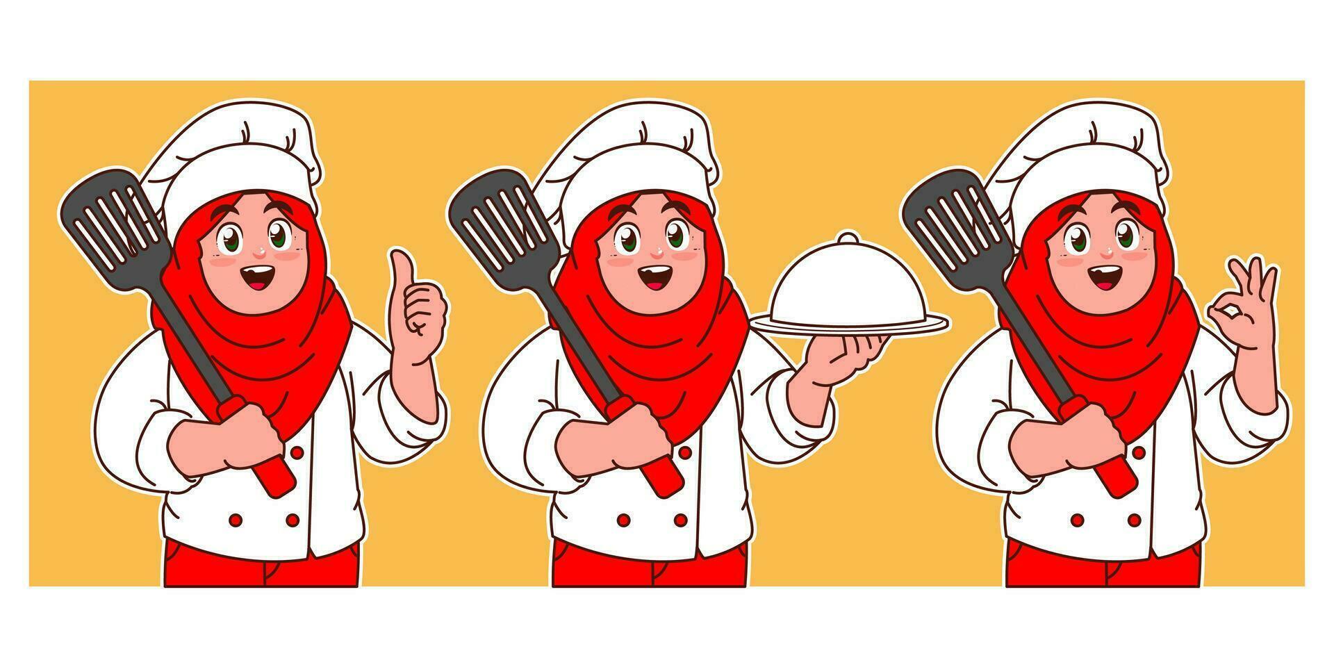 little hijab chef holding spatula and delicious dish vector