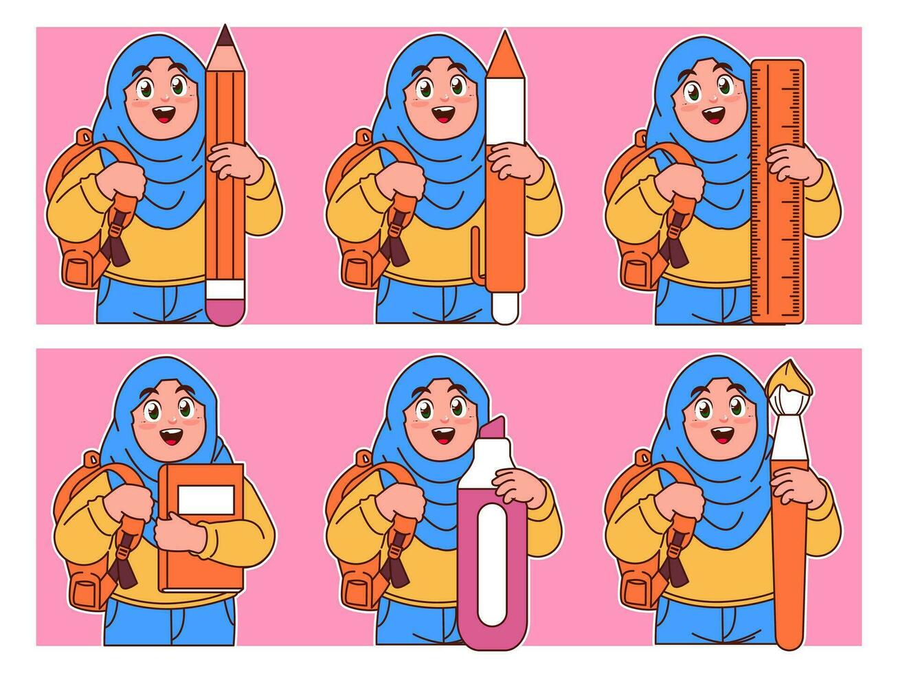 Child carrying school supplies, Child carrying book and ruler, Child carrying pencil and pen, Back to school vector