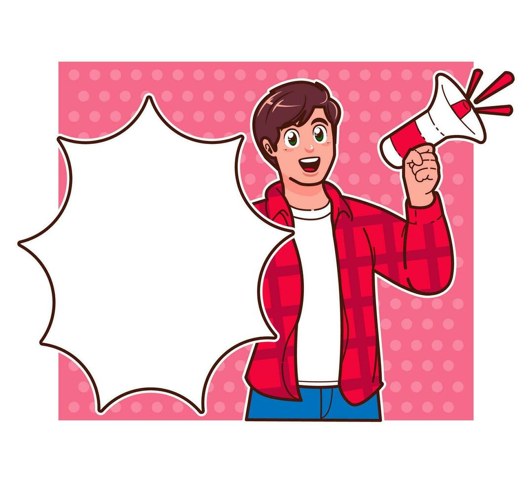 Advertising poster comic girl with speech bubble, Man screaming using megaphone vector