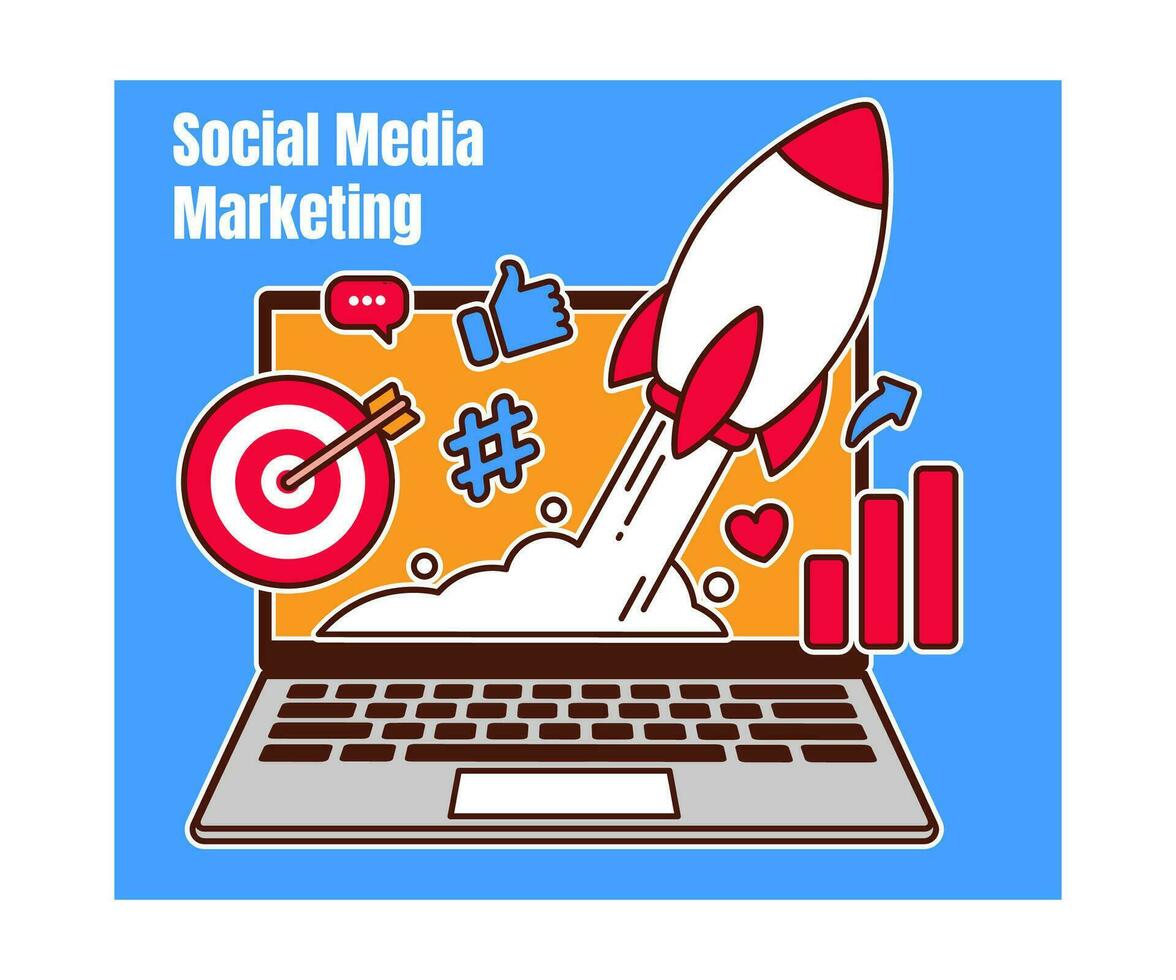 Social media marketing with Rocket boosting and laptop vector