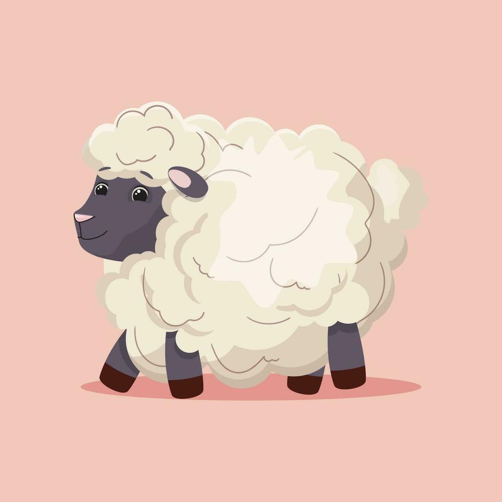 Cute funny sheep character on pink background. Vector illustration.