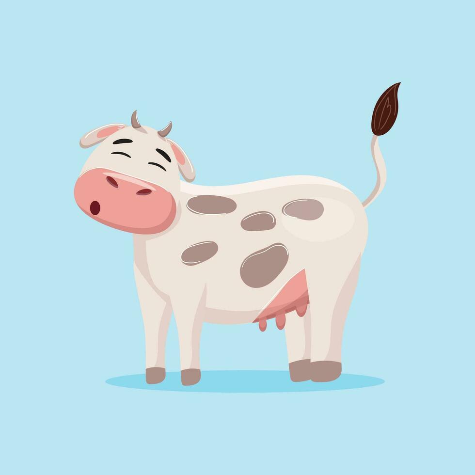 Farm animal. Cute little cow stand and moos on blue background. vector