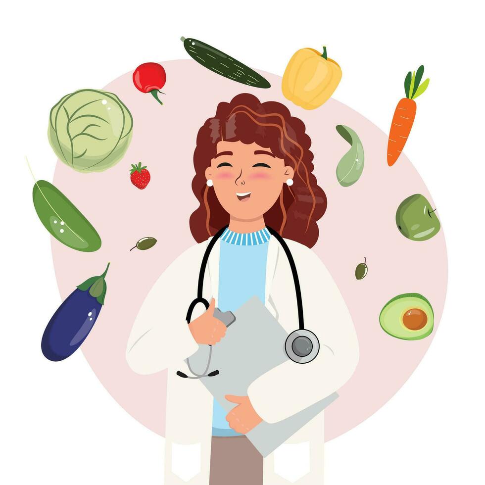 hembra nutricionista con un pulgar arriba recomendando a comer Fresco orgánico alimento. sano vida, alimento, salud, dieta concepto ilustración. vector