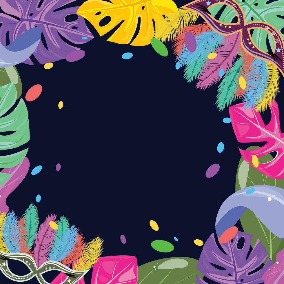 Brazilian carnival template with masquerade mask, leaves and confetti. Empty space for the text vector