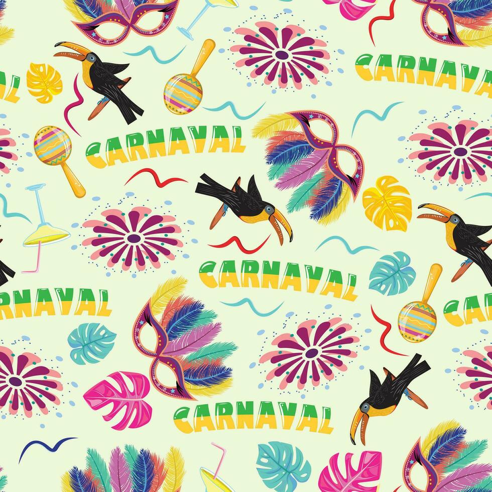 Seamless pattern with toucan bird, fireworks, masks, monstera leaves, confetti and cocktails. Brazilian carnival. vector