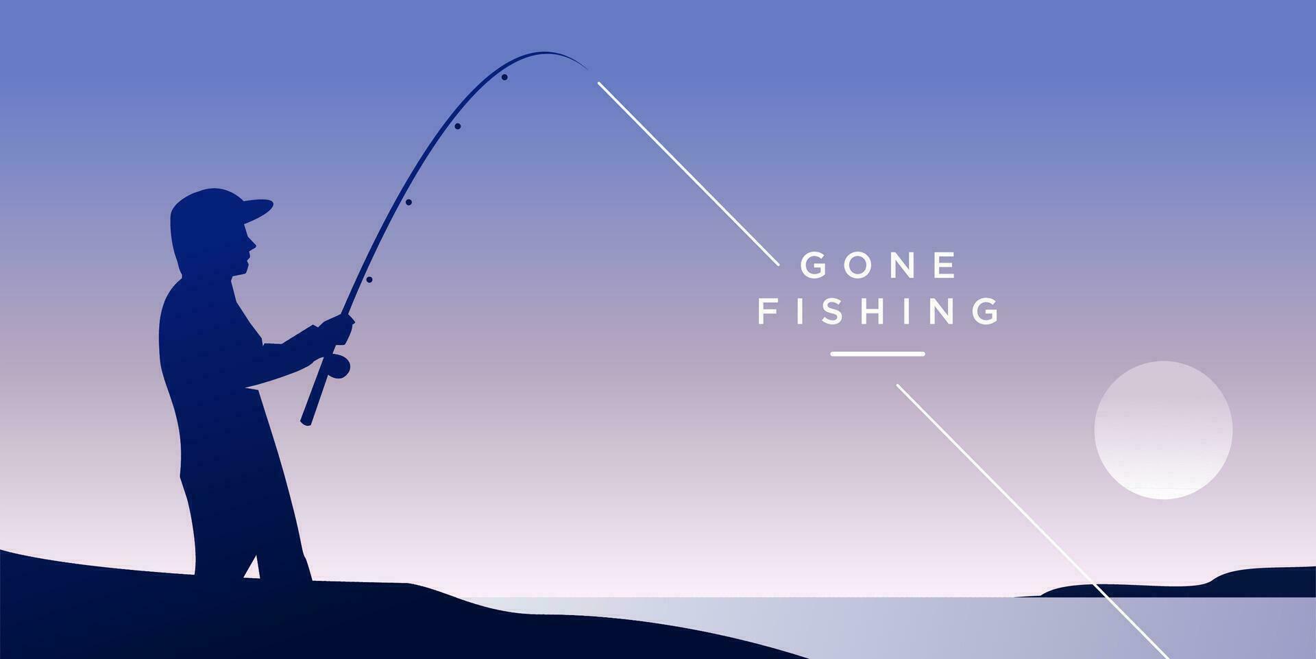 gone fishing illustration. fisherman catching fish on shore of