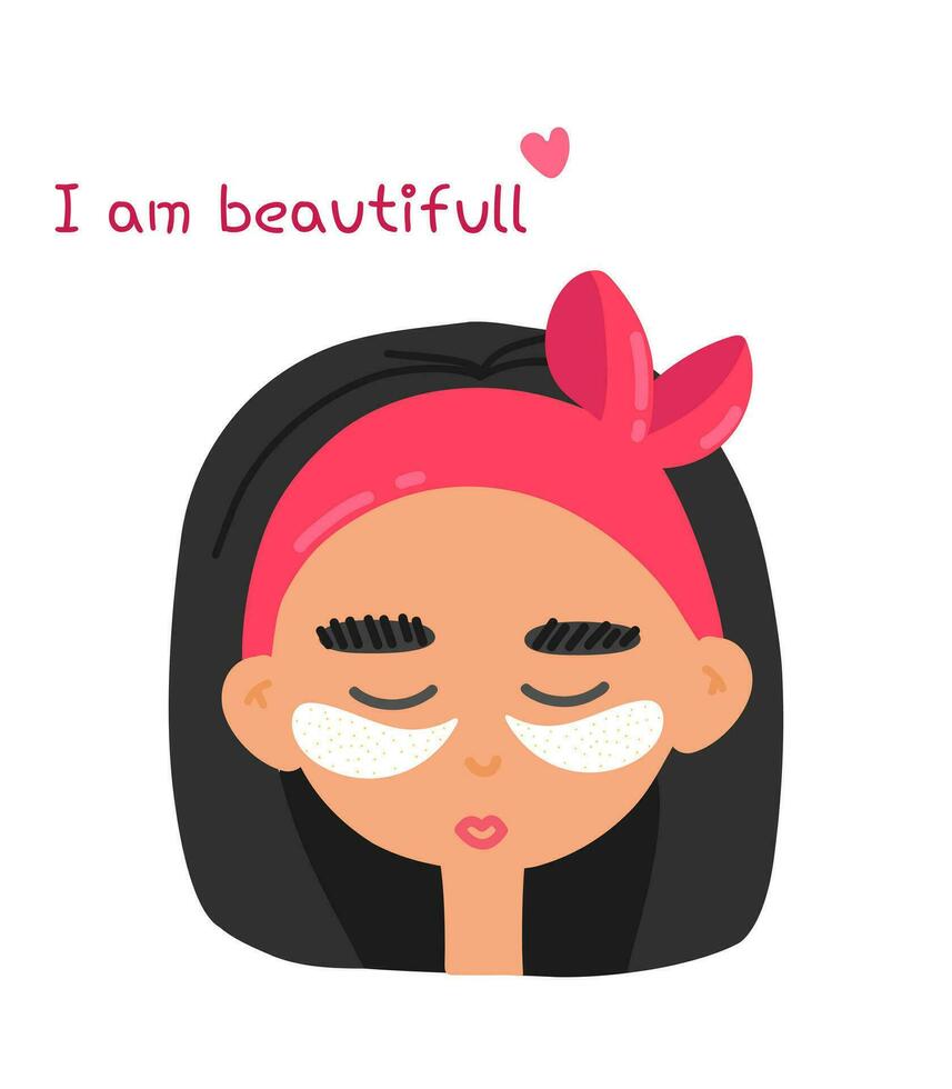 Girl with patches on her face. Selfcare. Health and beauty care vector