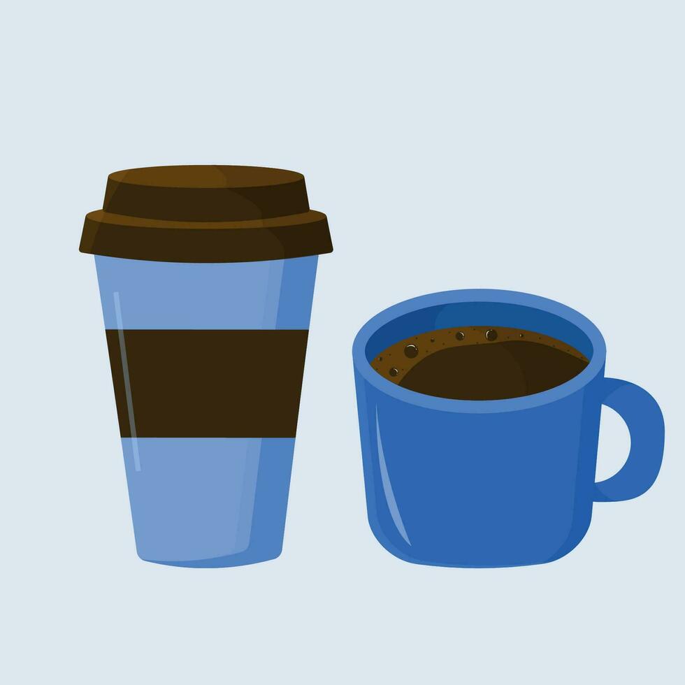 Vector graphic illustration of a blue coffee cup and coffee mug.
