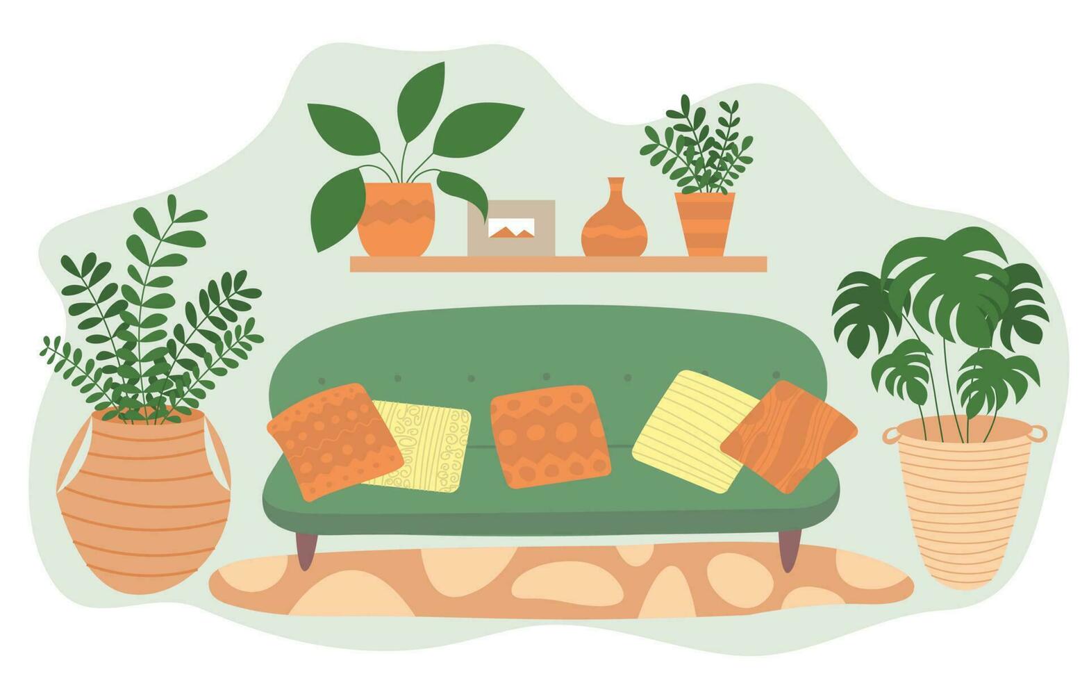 Vector interior illustration with green sofa and cushions. Flat style cosy interior with home plants illustration