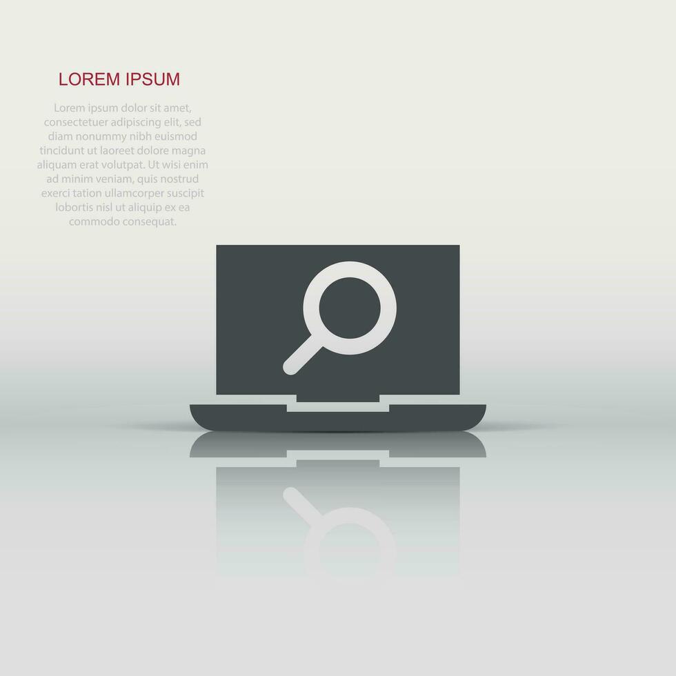 Computer search icon in flat style. Laptop with magnifying glass vector illustration on white isolated background. Device display business concept.