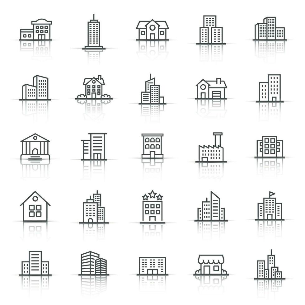 Building icon set in flat style. Town skyscraper apartment vector illustration on white isolated background. City tower business concept.