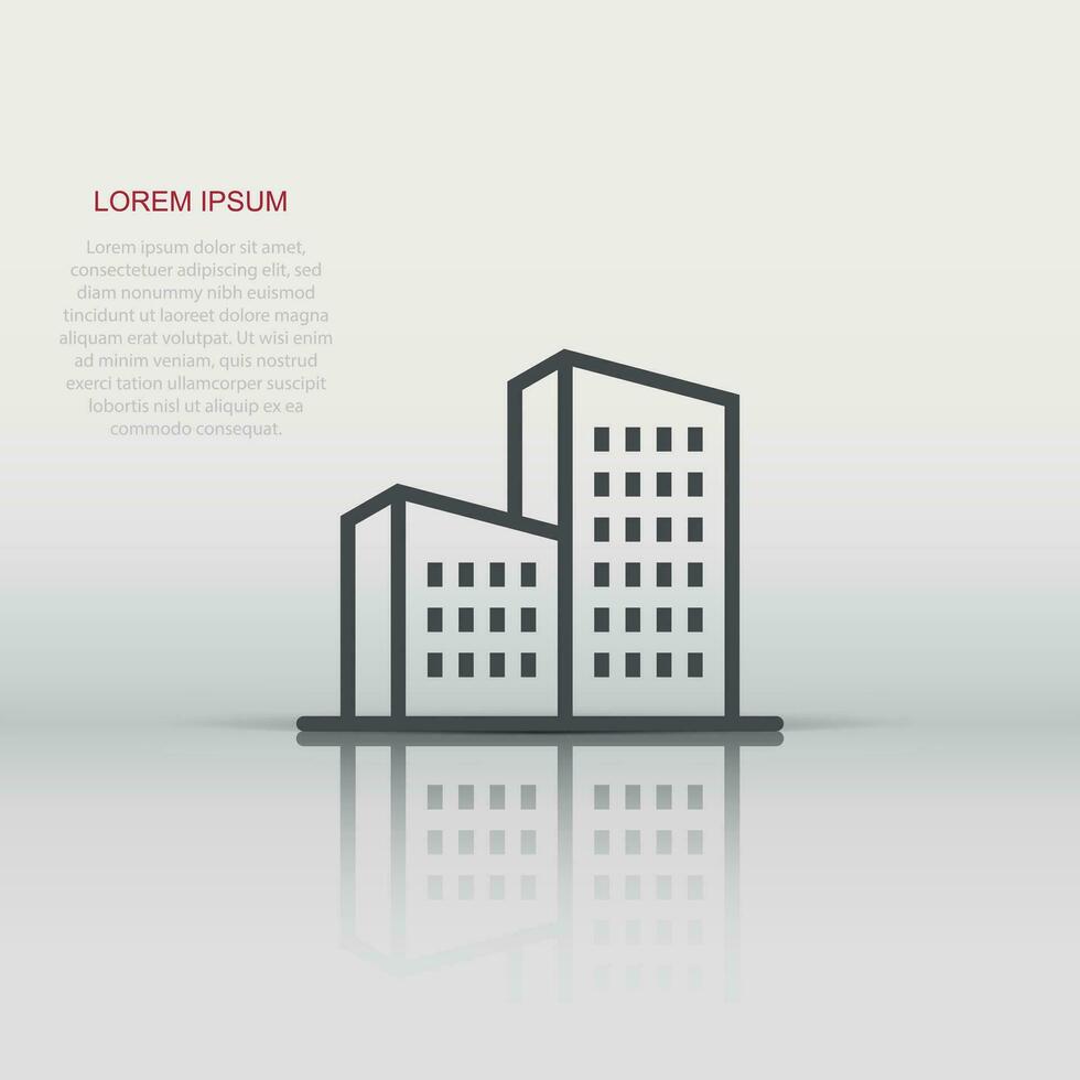 Building icon in flat style. Town skyscraper apartment vector illustration on white isolated background. City tower business concept.