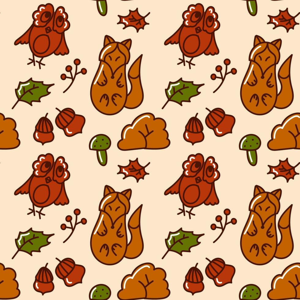 Autumn seamless pattern. Cute fox, owl, acorn, mushroom and leaves. Vector illustration. Ideal for use in textiles, paper designs, home decor, and other creative projects