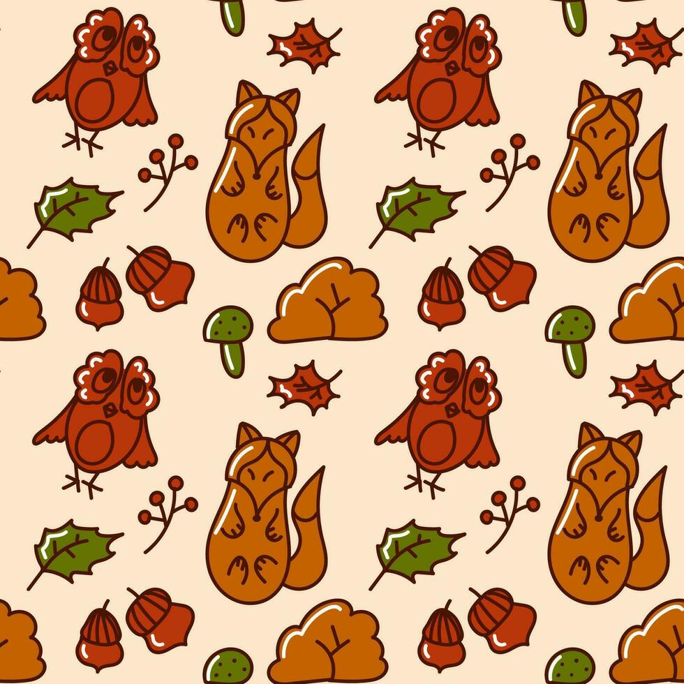 otoño sin costura modelo. linda zorro, búho, bellota, seta y hojas. vector ilustración. ideal para utilizar en textiles, papel diseños, hogar decoración, y otro creativo proyectos