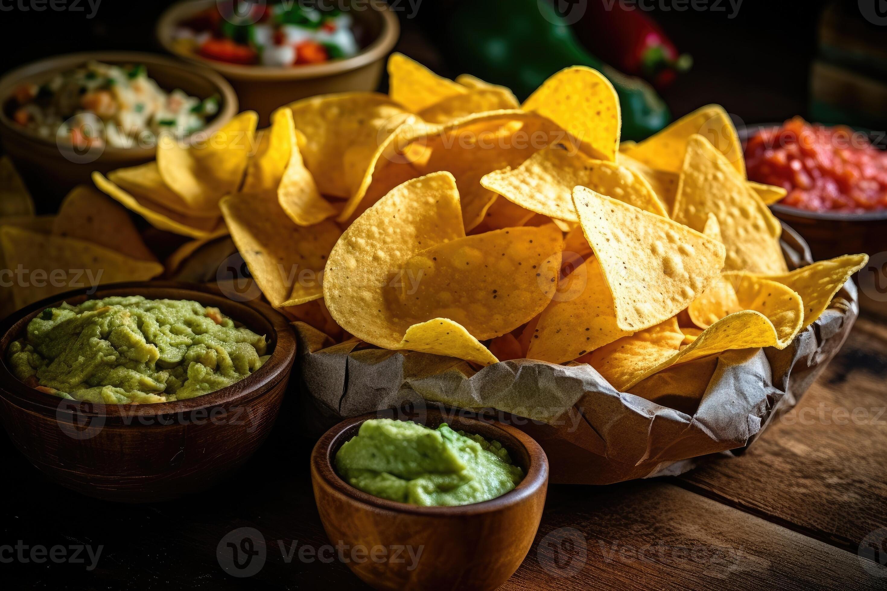 chips and dips in the kitchen table Food Photography AI Generated