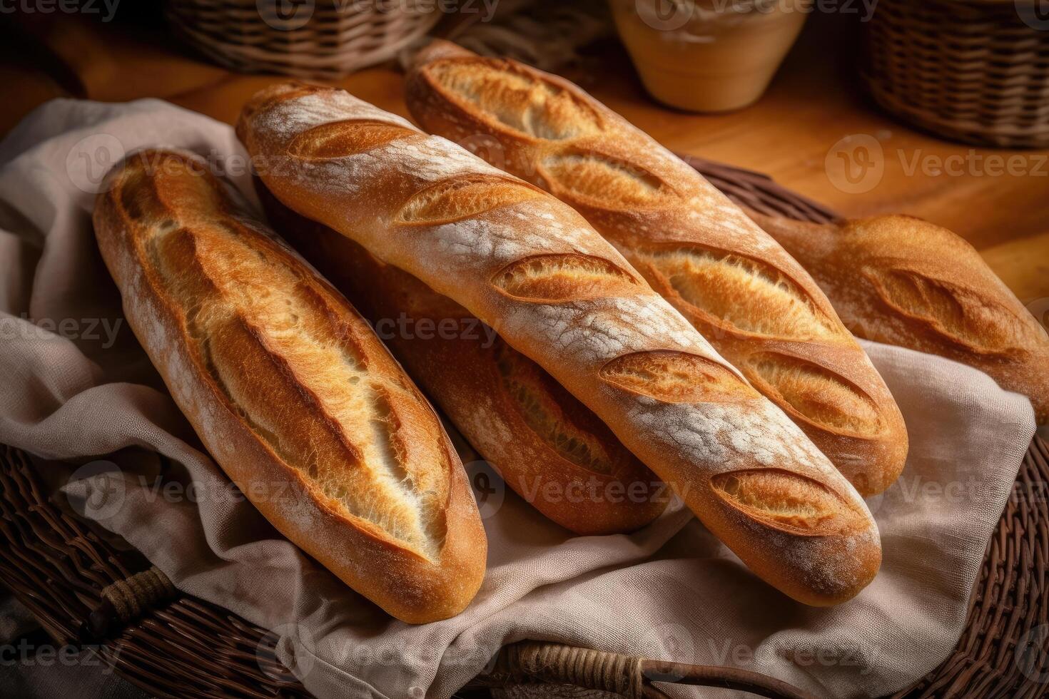 stock photo of french bread or baguette in kitchen table