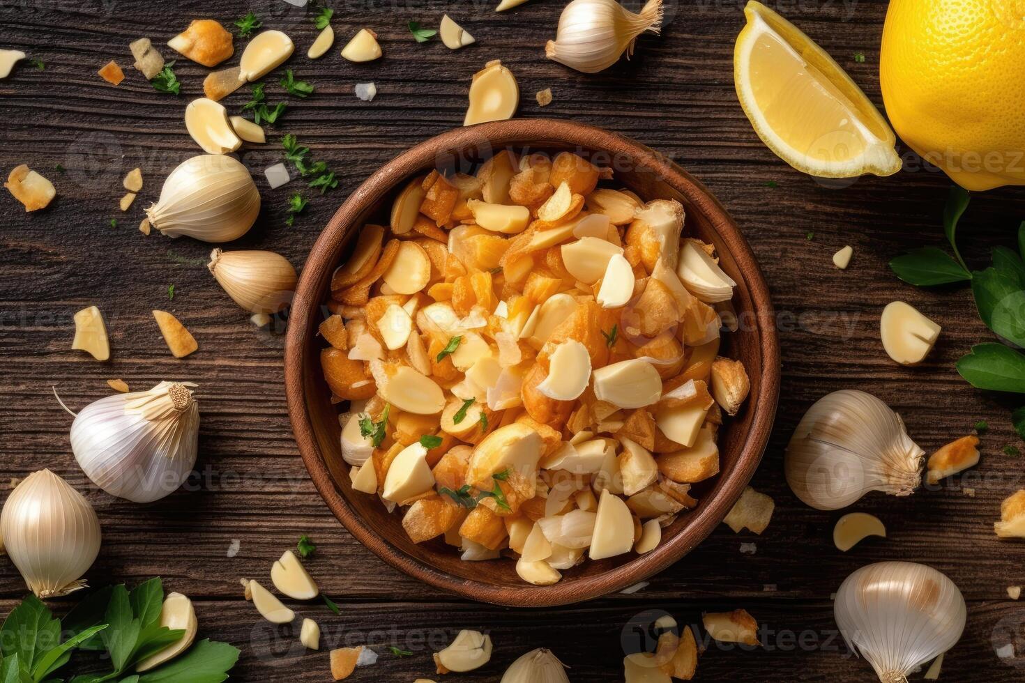 stock photo of fried garlic bits kitchen table flat lay AI Generated