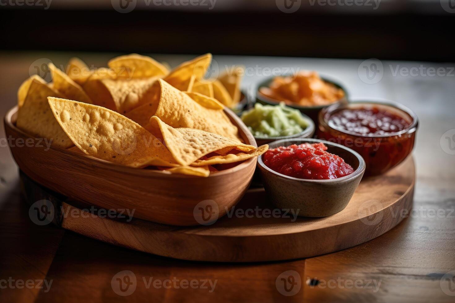 chips and dips in the kitchen table Food Photography AI Generated photo