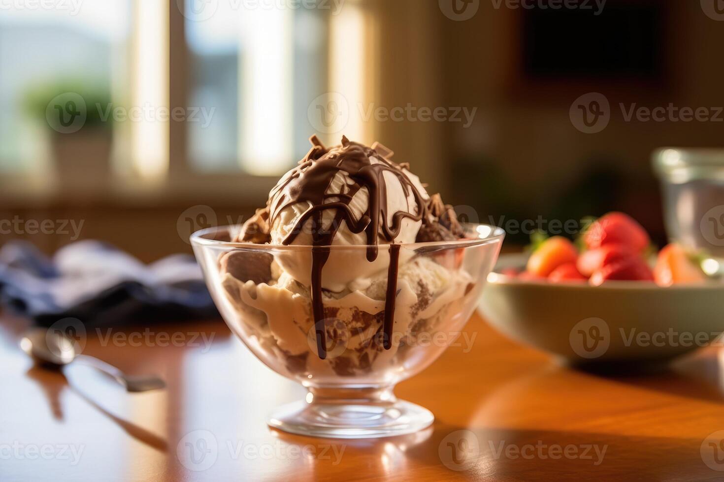 chocolate helado con frutas y nueces en el cocina mesa comida fotografía ai generado foto