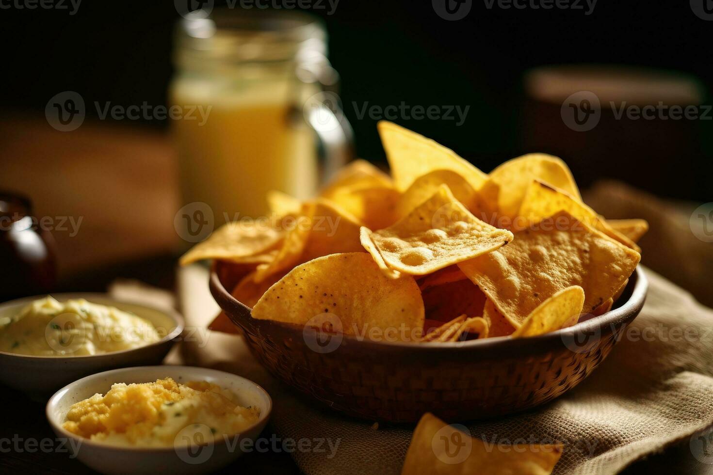 chips and dips in the kitchen table Food Photography AI Generated photo