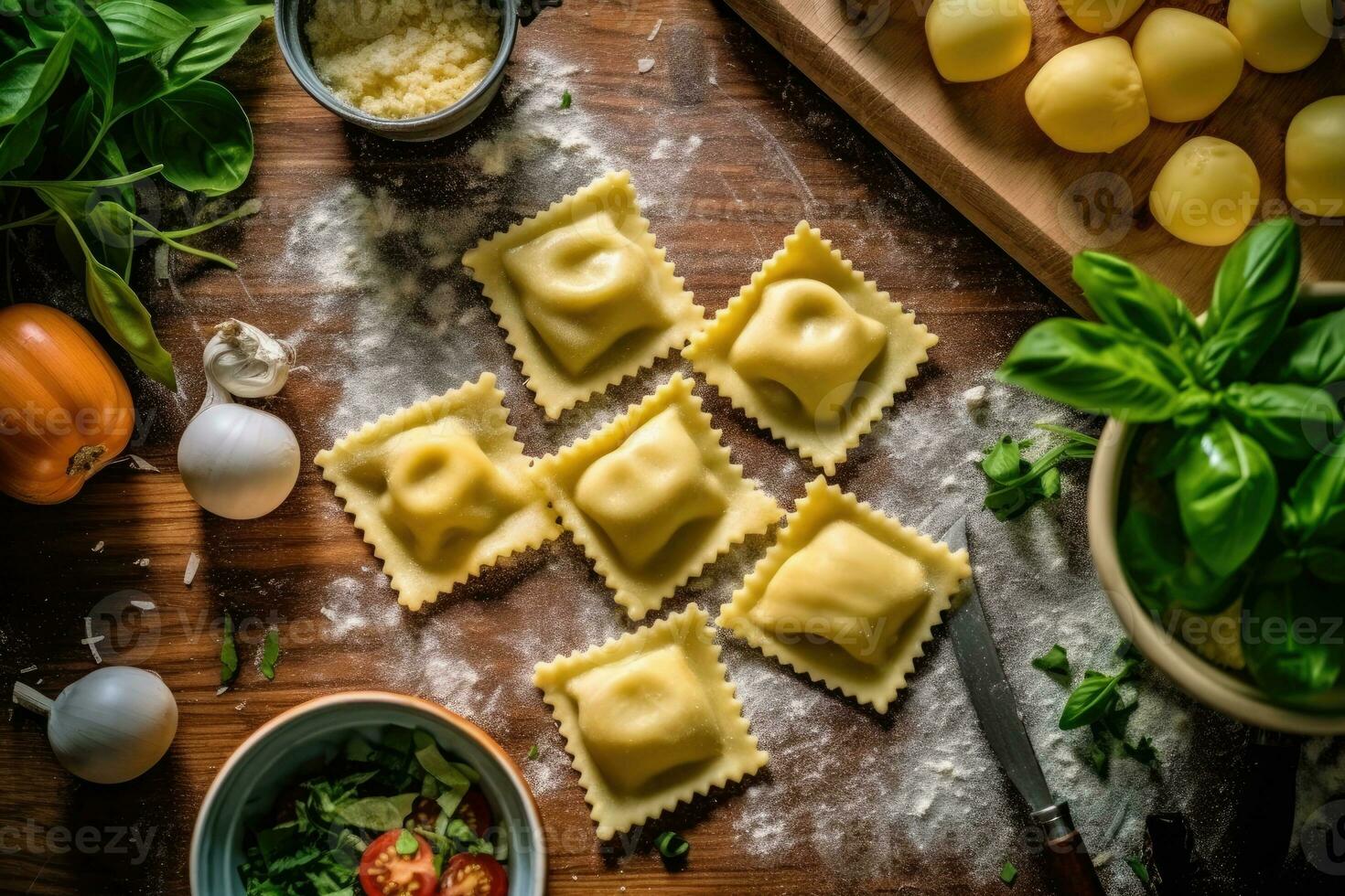 cheese ravioli in the kitchen table Food Photography AI Generated photo