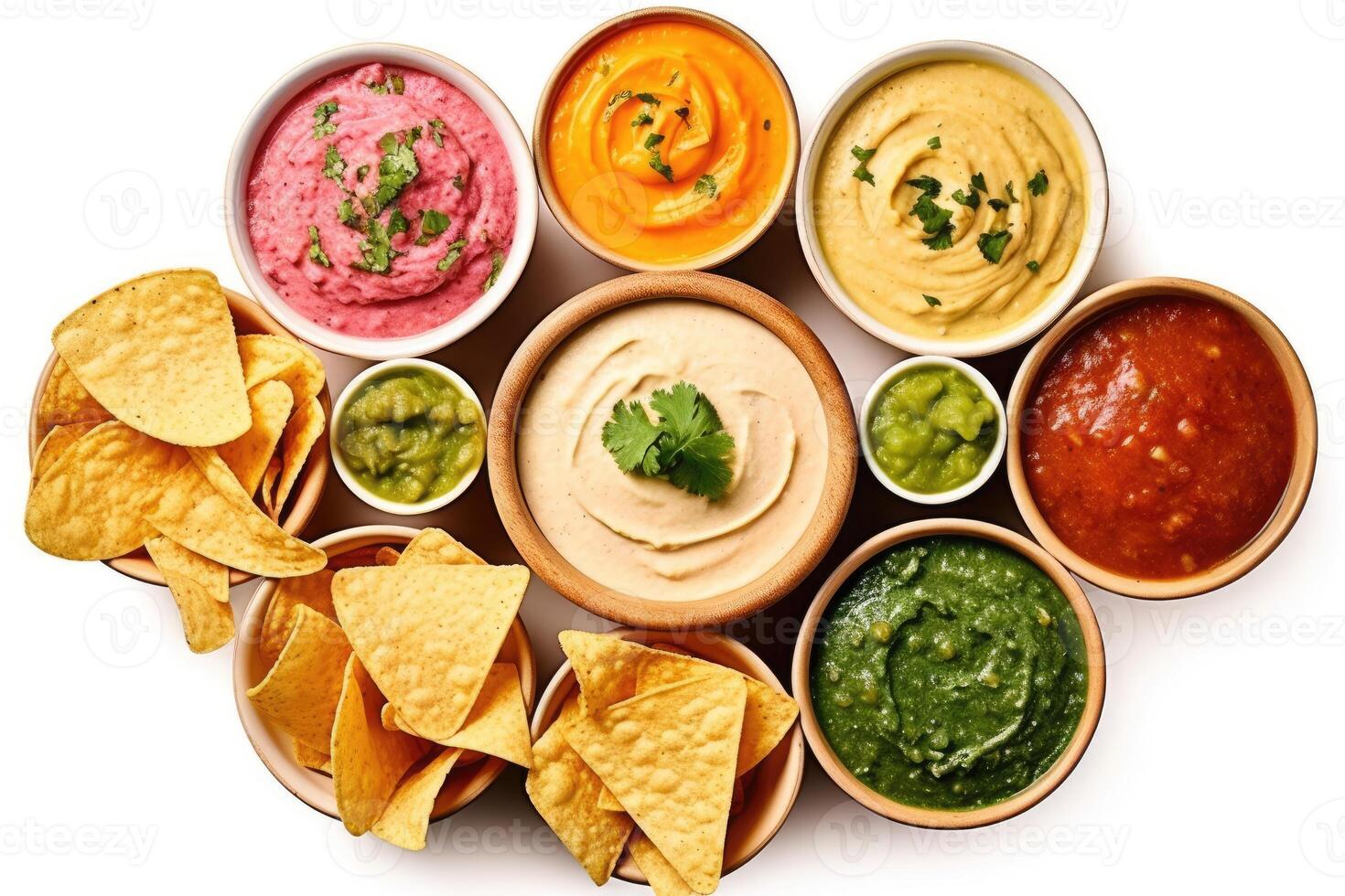 chips and dips flat lay Food Photography AI Generated photo