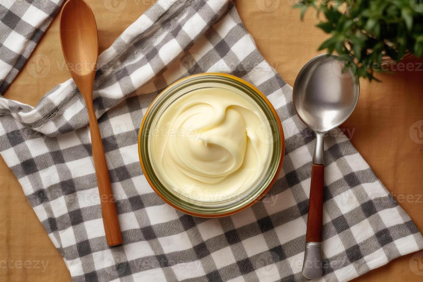 stock photo of mayonnaise in kitchen table flat lay