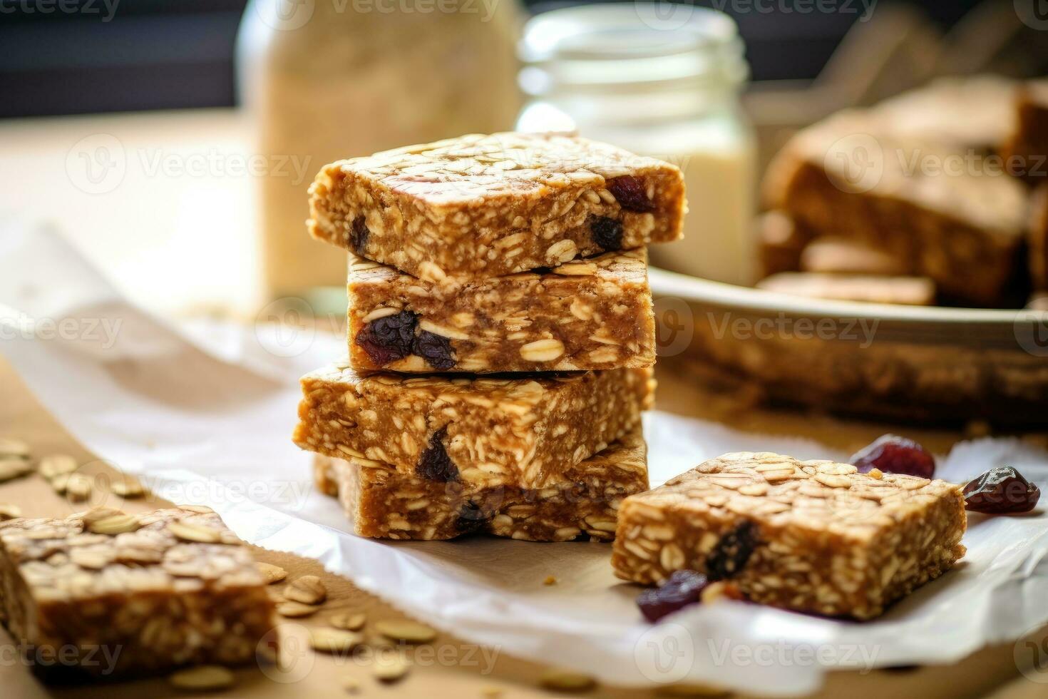 granola bars in the kitchen table Food Photography AI Generated photo