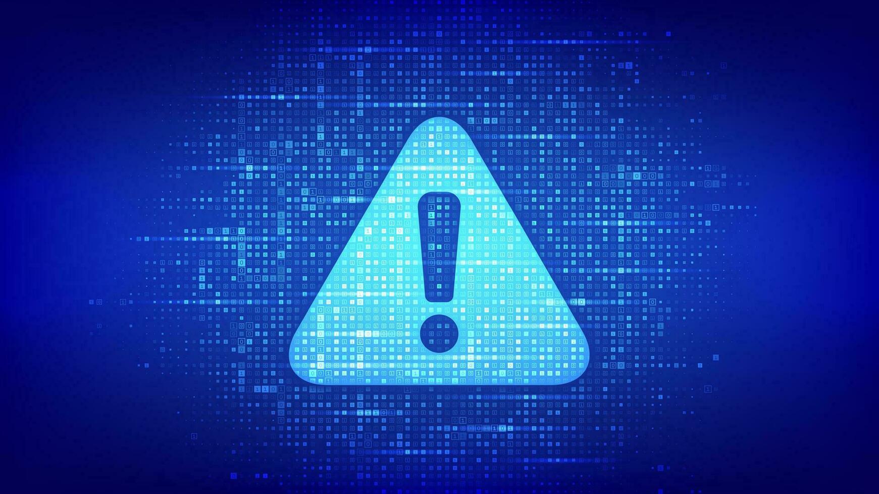 Attention symbol made with binary code. Danger Sign. Virus Alert. Digital binary data and streaming digital code background. Computer Hacked Error Concept. Hacking Piracy Risk. Vector Illustration.