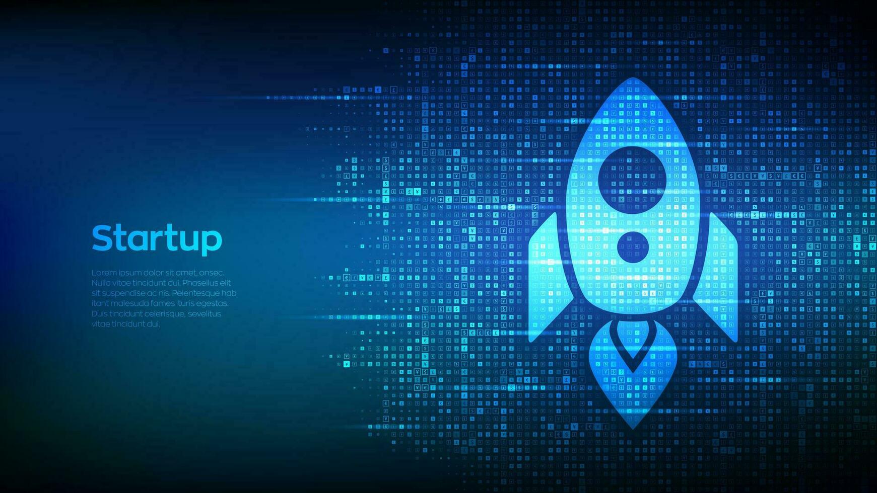 Startup icon made with currency symbols. Startup technology concept. Digital marketing. Software development. Dollar, euro, yen and pound icons. Background with currency signs. Vector illustration.