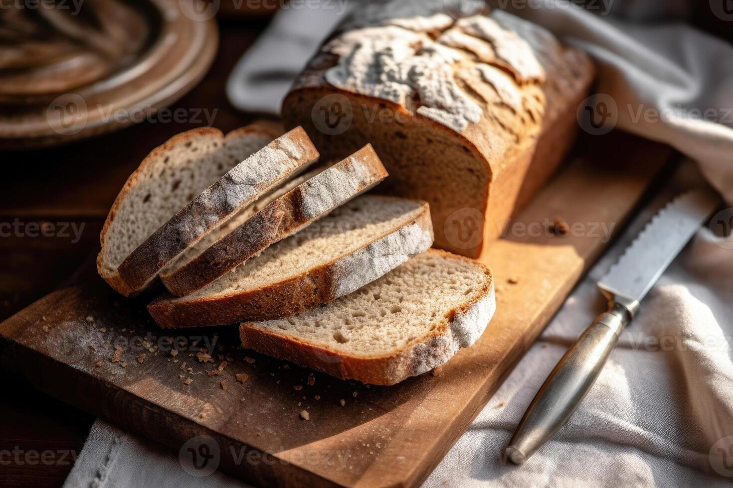 stock photo of wheat bread in kitchen table flat lay AI Generated