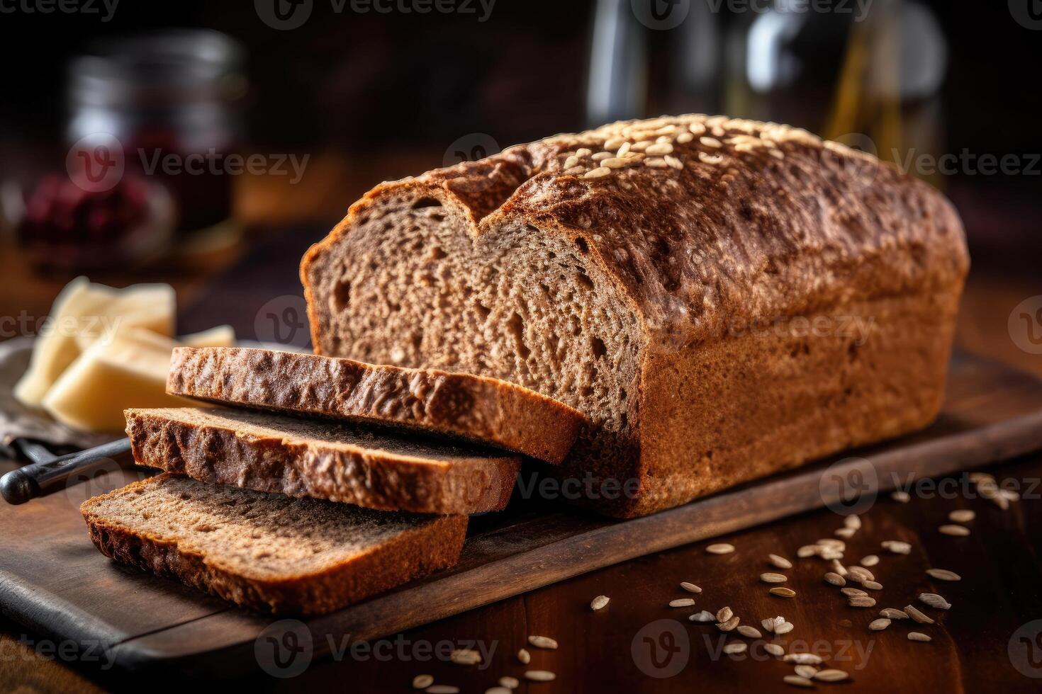 stock photo of whole grain bread in kitchen table flat lay AI Generated