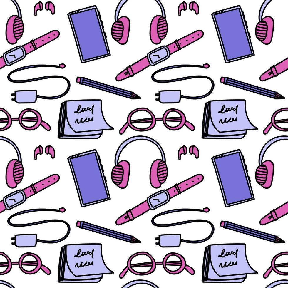 Seamless pattern of workspace items on a desk. Includes watch, phone, stickers, headphones, charging cable, and glasses. Can be used as a stylish background for tech-related designs vector