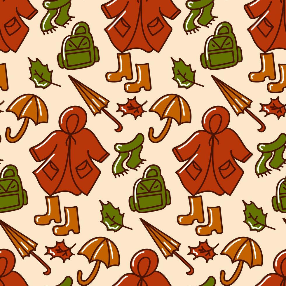 Autumn seamless pattern. Doodle elements. clothes, umbrella and leaves. Vector illustration. Ideal for use in textiles, paper designs, home decor, and other creative projects