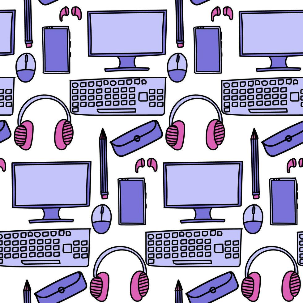 Seamless pattern of computer accessories. Includes headphones, mouse, keyboard, monitor, and phone. Can be used as a trendy background for tech-related designs or digital products. Vector