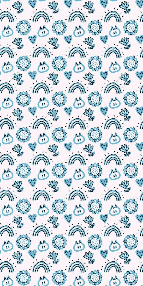 A delightful seamless vector pattern featuring cute kittens and flowers, designed in a vertical format. For textiles, paper, fabrics, wallpaper, wrapping, backdrop.