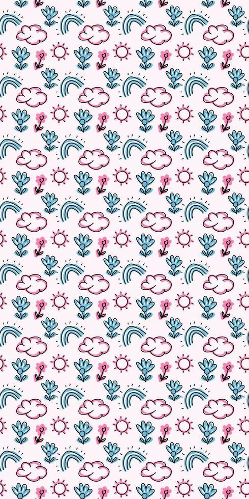 A charming seamless vector pattern featuring colorful flowers and a rainbow, perfect for creating cute backgrounds for smartphone apps, wallpapers, chat interfaces, and more